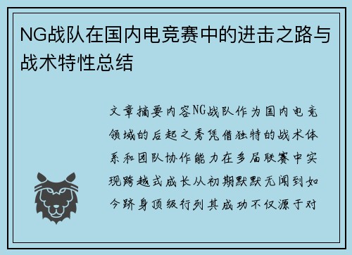 NG战队在国内电竞赛中的进击之路与战术特性总结